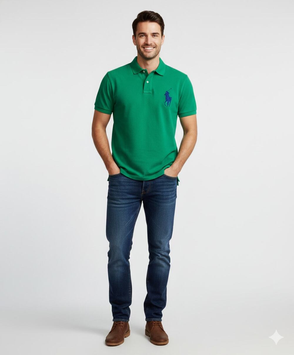 Polo Ralph Lauren Vintage Green Blue Big Pony Short Sleeve Custom Fit Polo XL